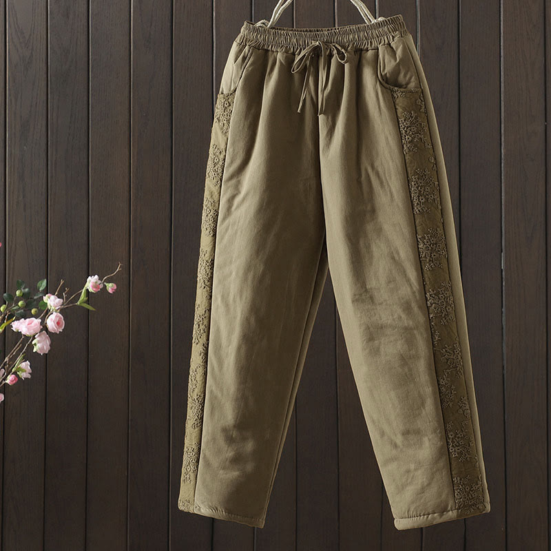Nimara Ritual Flower Pattern Cotton Polyester Embroidery Thick Women's Pants With Pockets