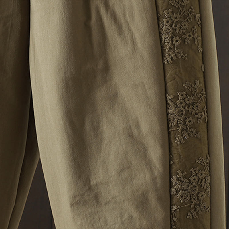 Nimara Ritual Flower Pattern Cotton Polyester Embroidery Thick Women's Pants With Pockets