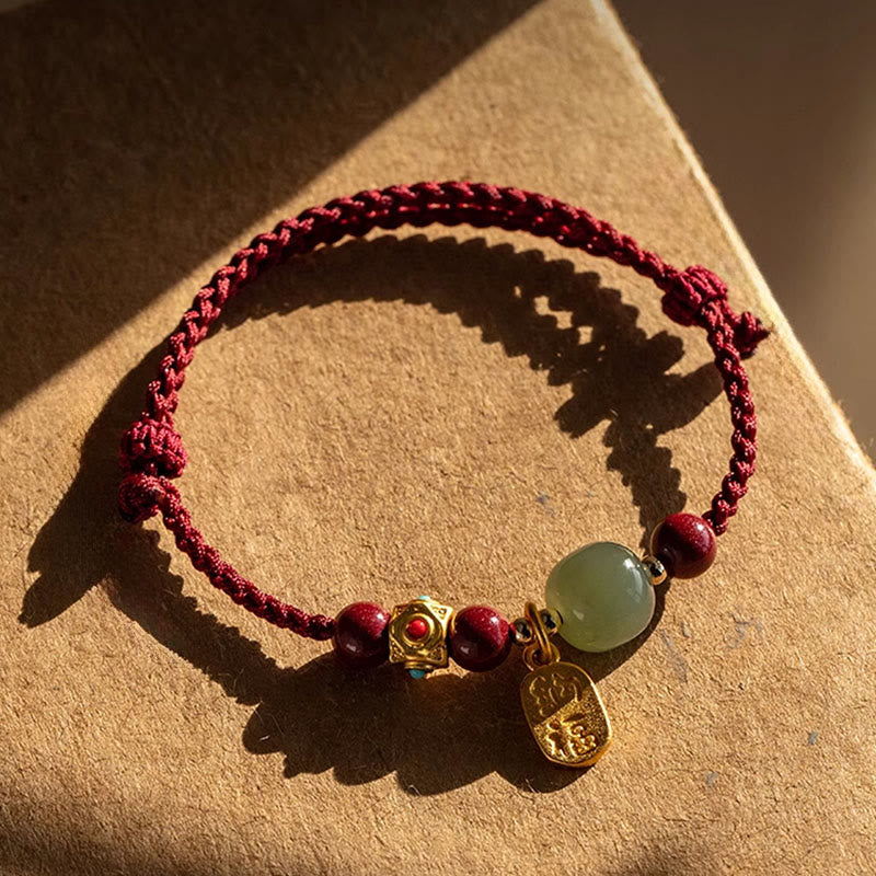 Nimara Ritual Lucky Fortune Charm Hetian Cyan Jade White Jade Multicolored Braided String Prosperity Bracelet