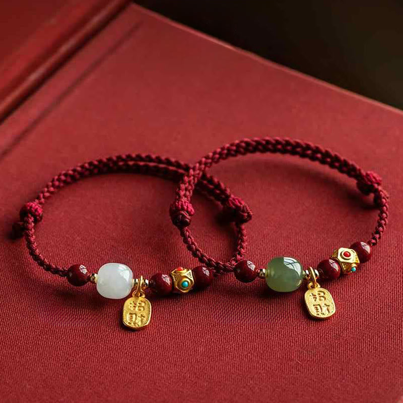 Nimara Ritual Lucky Fortune Charm Hetian Cyan Jade White Jade Multicolored Braided String Prosperity Bracelet