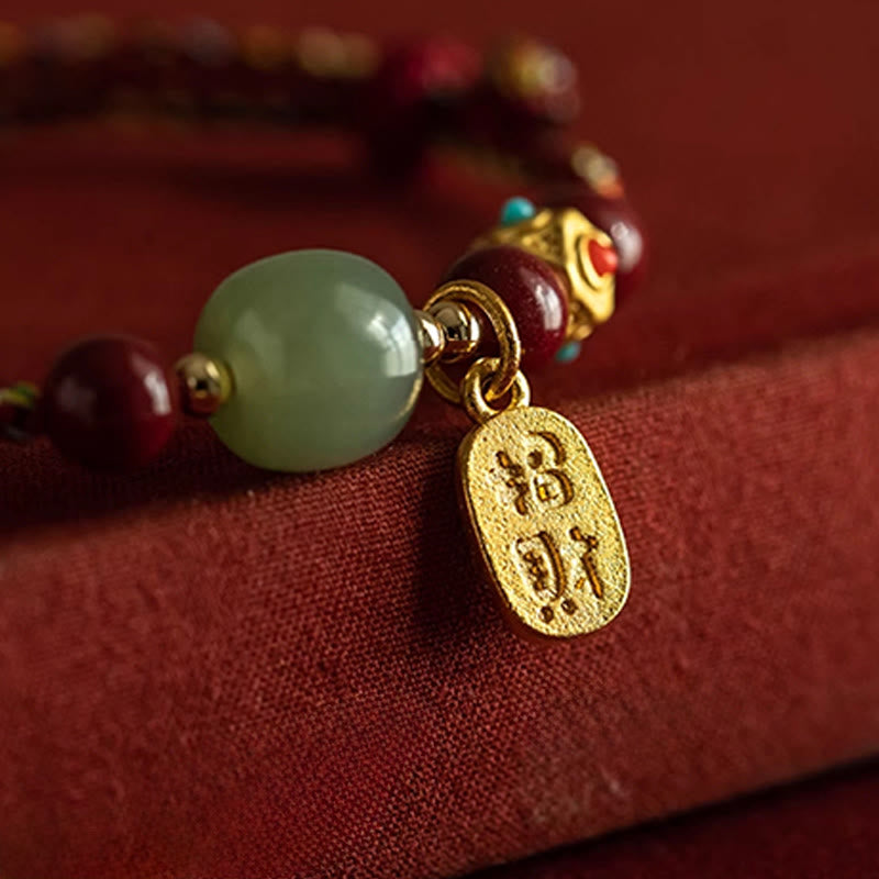 Nimara Ritual Lucky Fortune Charm Hetian Cyan Jade White Jade Multicolored Braided String Prosperity Bracelet