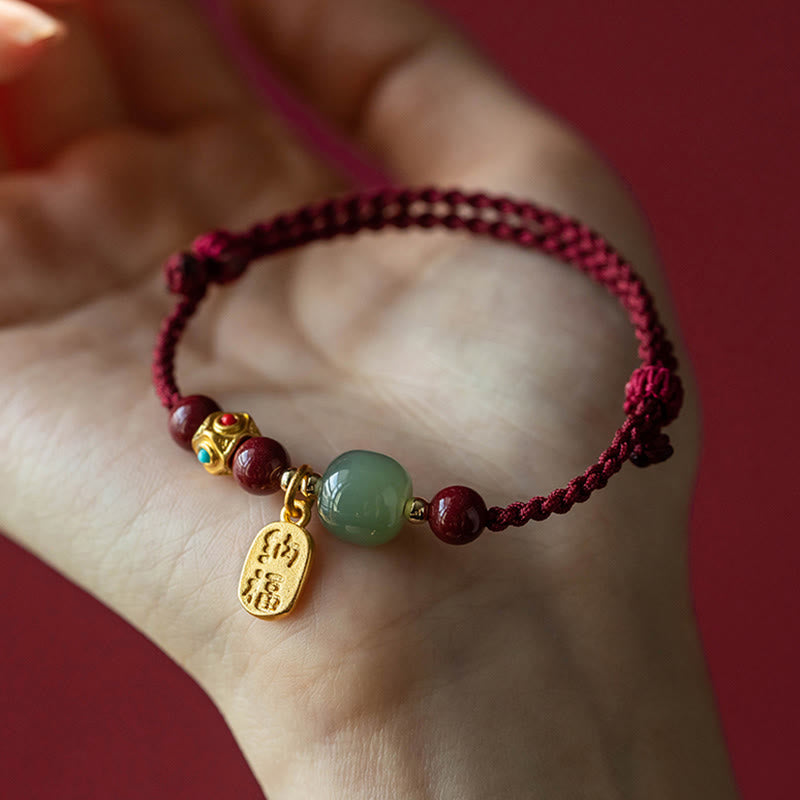 Nimara Ritual Lucky Fortune Charm Hetian Cyan Jade White Jade Multicolored Braided String Prosperity Bracelet