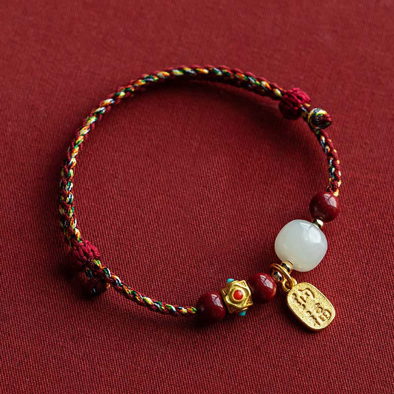Nimara Ritual Lucky Fortune Charm Hetian Cyan Jade White Jade Multicolored Braided String Prosperity Bracelet