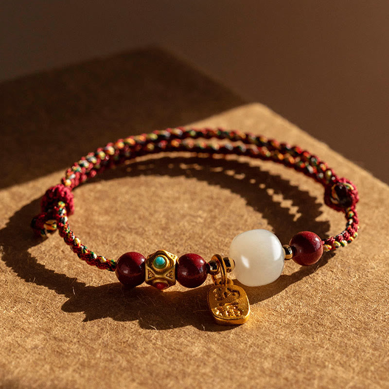 Nimara Ritual Lucky Fortune Charm Hetian Cyan Jade White Jade Multicolored Braided String Prosperity Bracelet