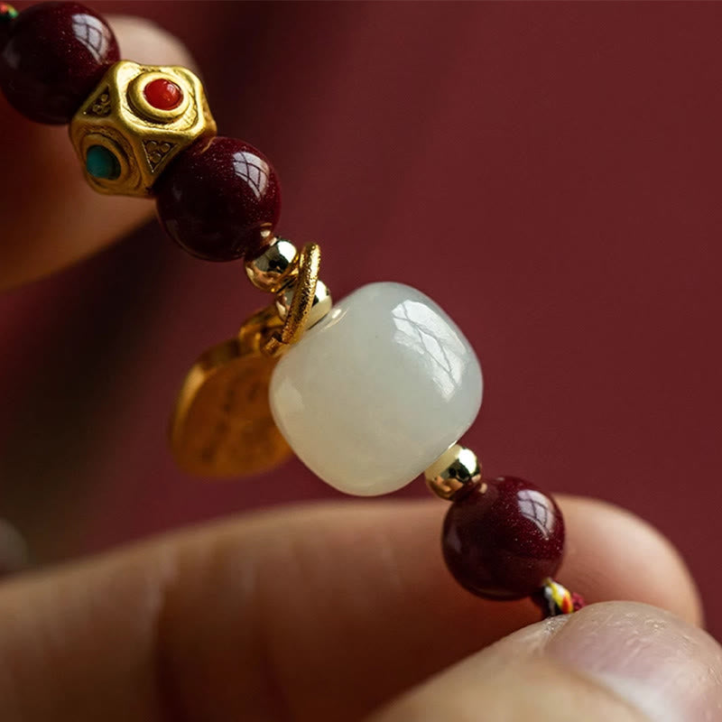 Nimara Ritual Lucky Fortune Charm Hetian Cyan Jade White Jade Multicolored Braided String Prosperity Bracelet