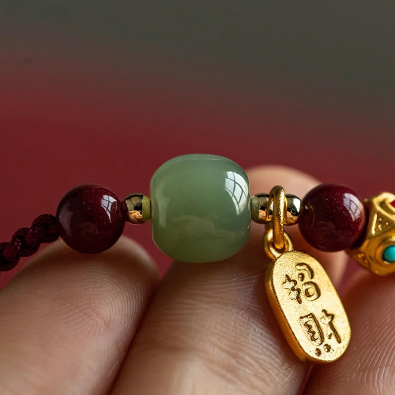Nimara Ritual Lucky Fortune Charm Hetian Cyan Jade White Jade Multicolored Braided String Prosperity Bracelet