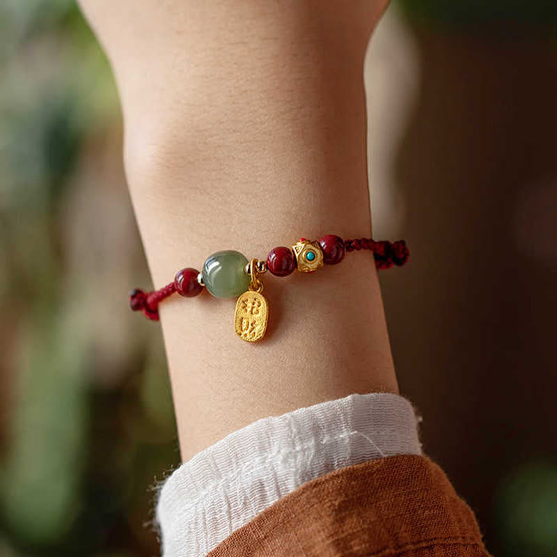 Nimara Ritual Lucky Fortune Charm Hetian Cyan Jade White Jade Multicolored Braided String Prosperity Bracelet