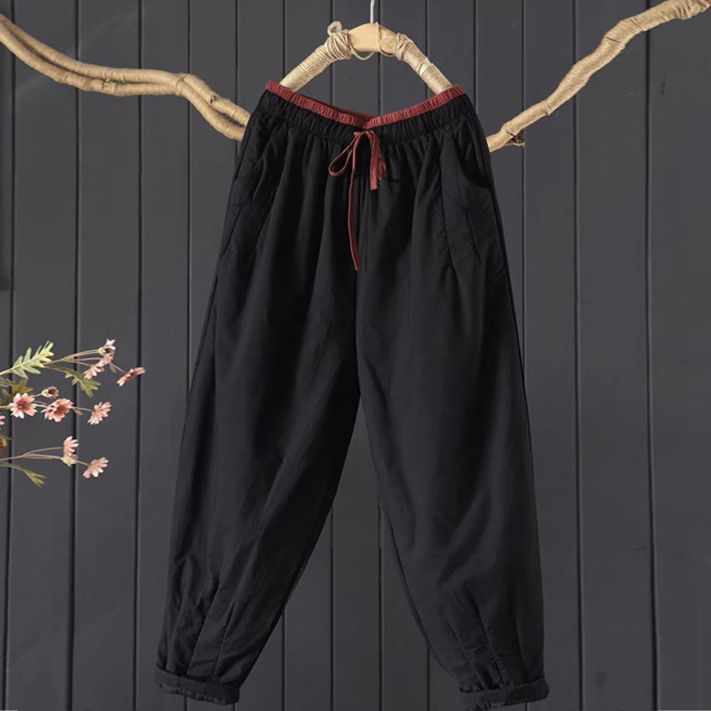 Nimara Ritual Plain Color Blocking Cotton Polyester Thick Women's Pants With Pockets