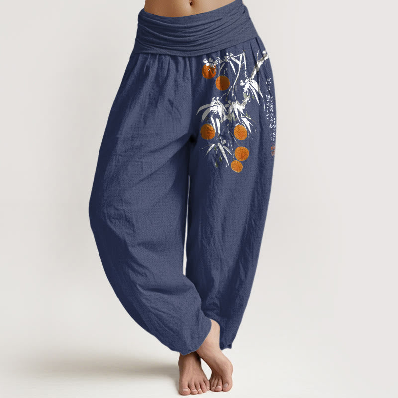 Nimara Ritual Pure Cotton Brightly Colored Fruit Branches Pattern Women's Elastic Waist Harem Pants