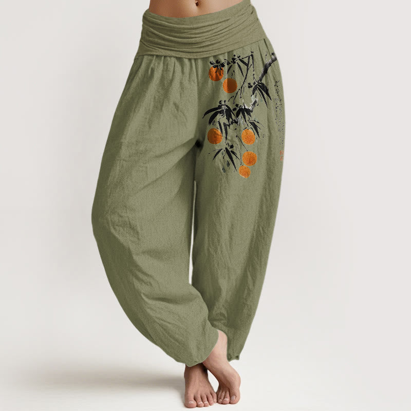 Nimara Ritual Pure Cotton Brightly Colored Fruit Branches Pattern Women's Elastic Waist Harem Pants