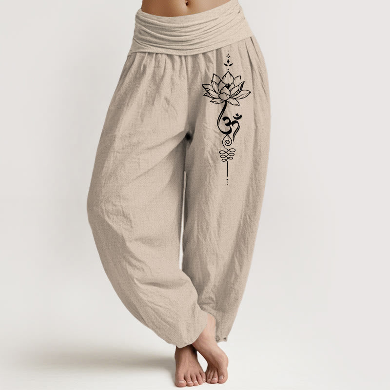 Nimara Ritual Pure Cotton Minimalist Style Lotus Om Symbol Pattern Women's Elastic Waist Harem Pants