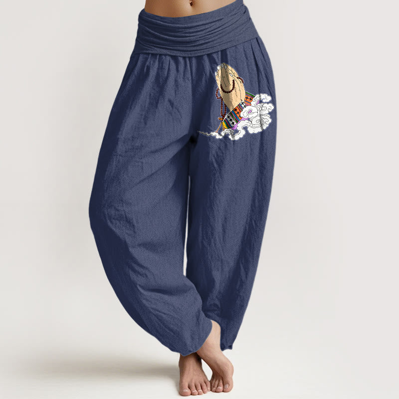 Nimara Ritual Pure Cotton Simple Lively Clasped Hands Prayer Beads Clouds Pattern Women's Elastic Waist Harem Pants