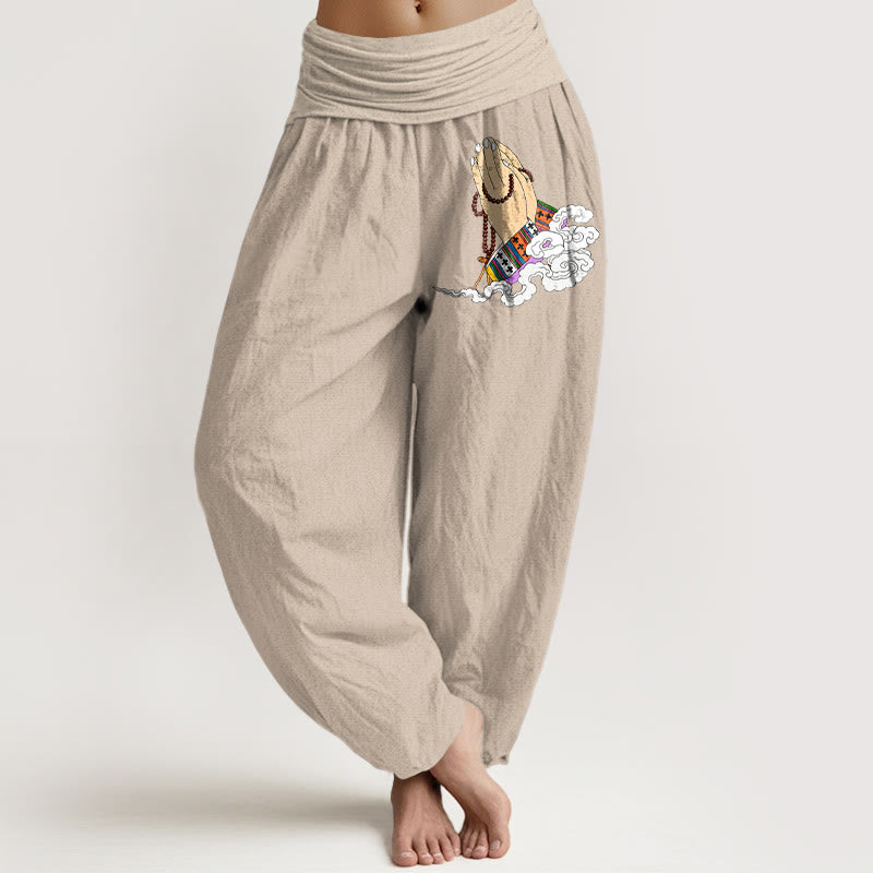 Nimara Ritual Pure Cotton Simple Lively Clasped Hands Prayer Beads Clouds Pattern Women's Elastic Waist Harem Pants