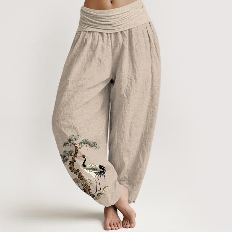 Nimara Ritual Pure Cotton Crane Pine Tree Flower Grass Pattern Women's Elastic Waist Harem Pants