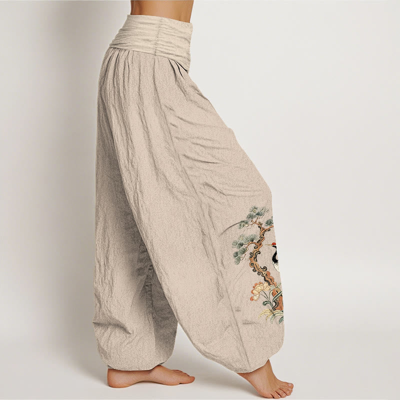 Nimara Ritual Pure Cotton Crane Pine Tree Flower Grass Pattern Women's Elastic Waist Harem Pants