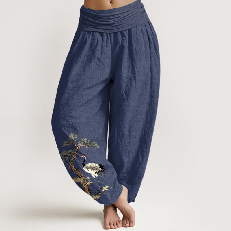 Nimara Ritual Pure Cotton Crane Pine Tree Flower Grass Pattern Women's Elastic Waist Harem Pants