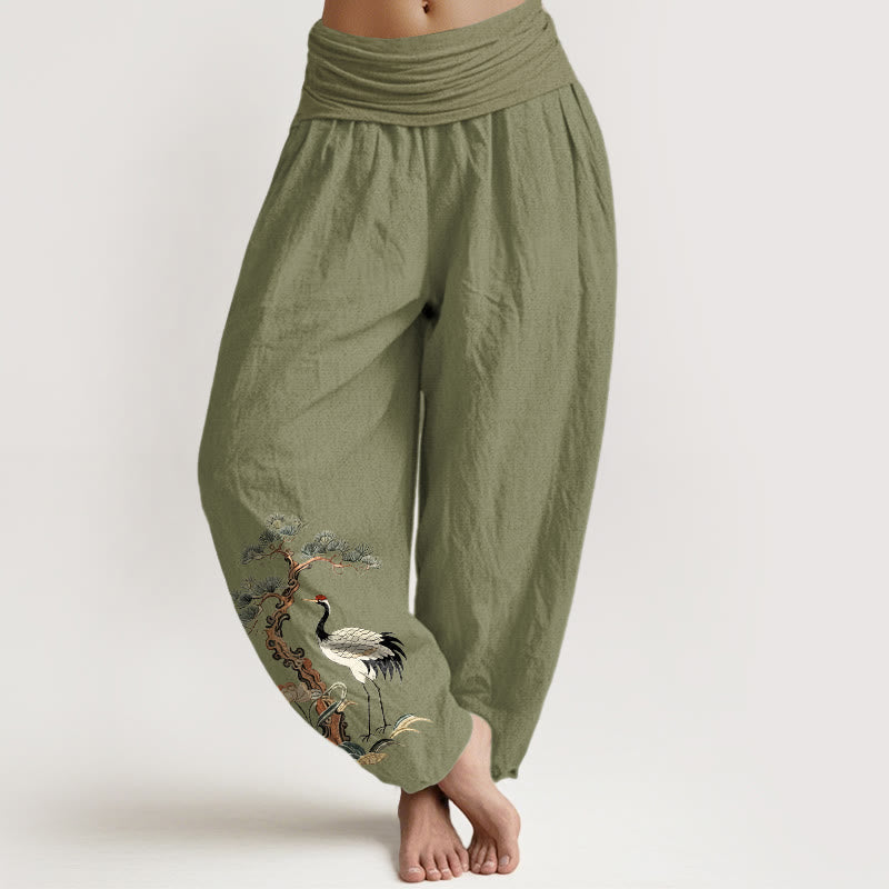 Nimara Ritual Pure Cotton Crane Pine Tree Flower Grass Pattern Women's Elastic Waist Harem Pants
