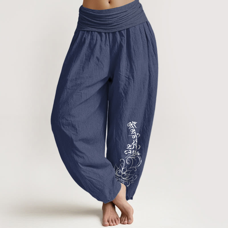 Nimara Ritual Pure Cotton Simple Om Mani Padme Hum Lotus Pattern Women's Elastic Waist Harem Pants