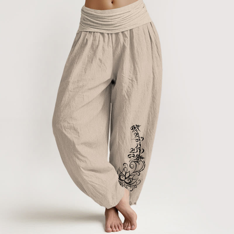 Nimara Ritual Pure Cotton Simple Om Mani Padme Hum Lotus Pattern Women's Elastic Waist Harem Pants