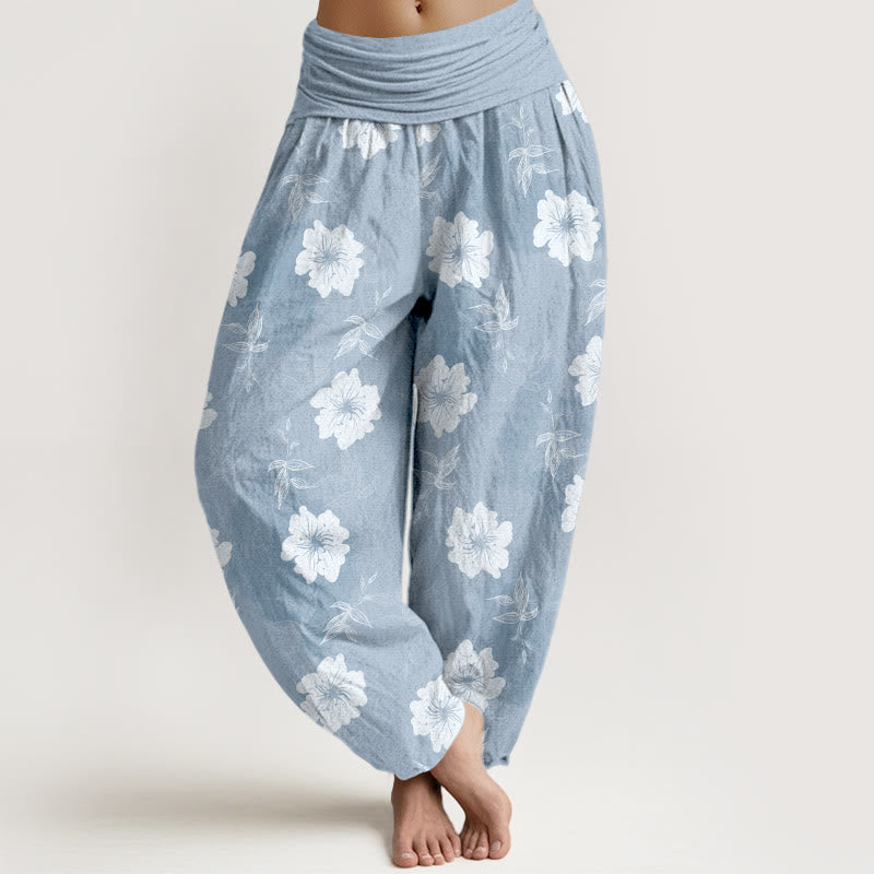 Nimara Ritual Pure Cotton White Flowers Grass Women's Elastic Waist Harem Pants