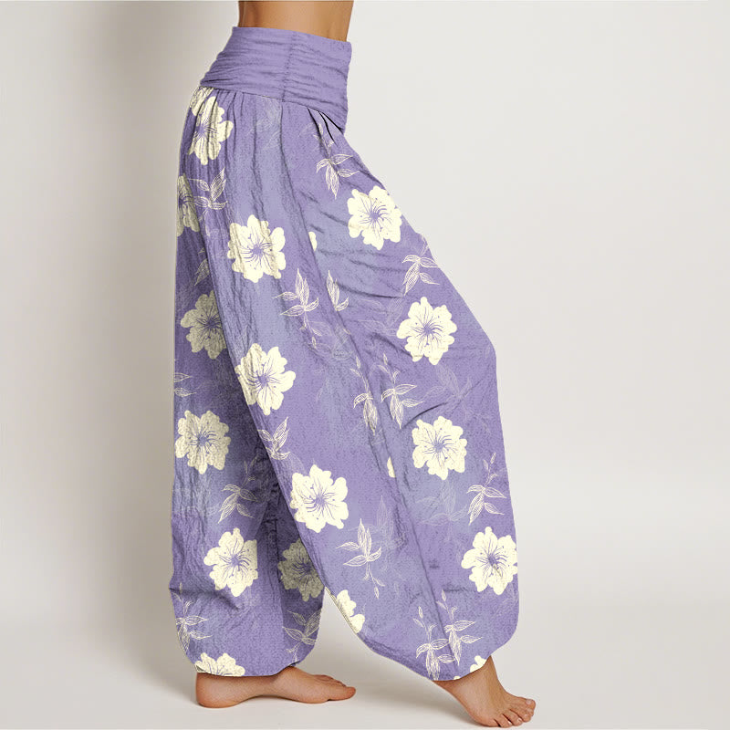 Nimara Ritual Pure Cotton White Flowers Grass Women's Elastic Waist Harem Pants