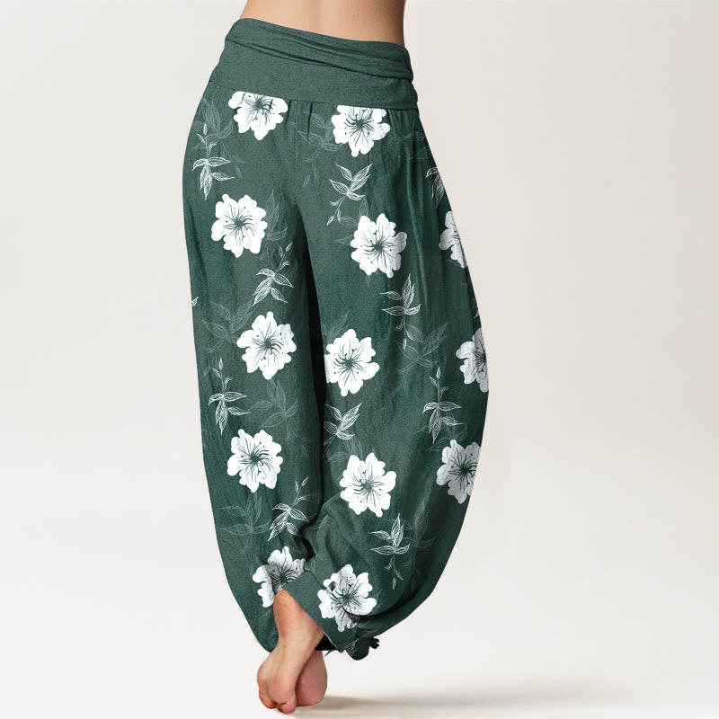 Nimara Ritual Pure Cotton White Flowers Grass Women's Elastic Waist Harem Pants