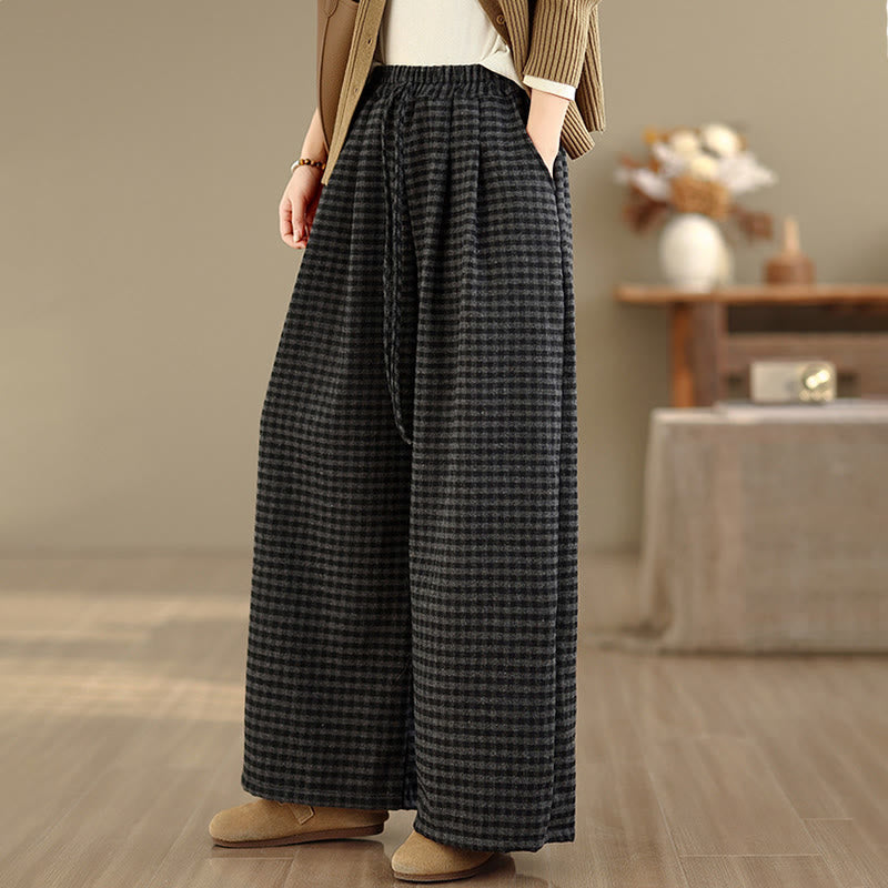 Nimara Ritual Casual Plaid Pattern Women's Wide Leg Pants With Pockets