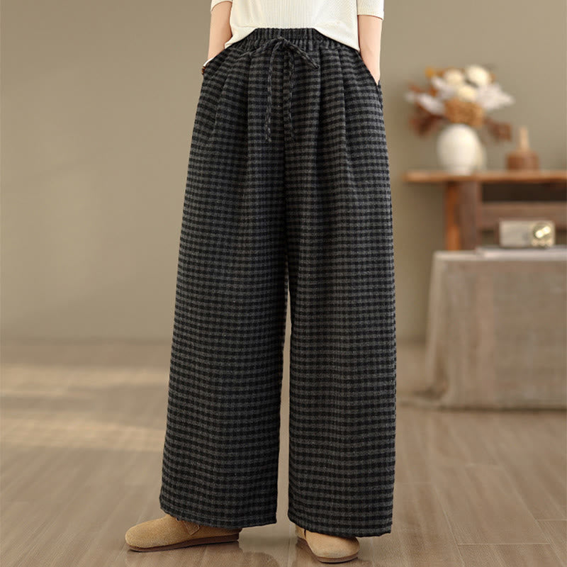 Nimara Ritual Casual Plaid Pattern Women's Wide Leg Pants With Pockets