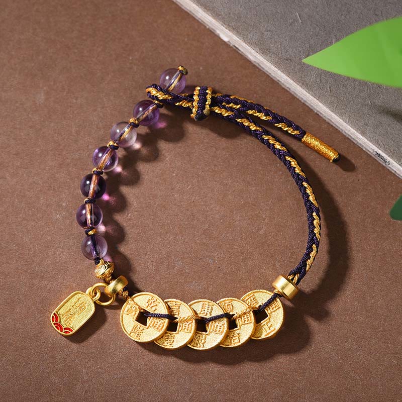 Nimara Ritual Five-Emperor Coins Copper Amethyst Cinnabar Black Red String Balance Attract Fortune Bracelet