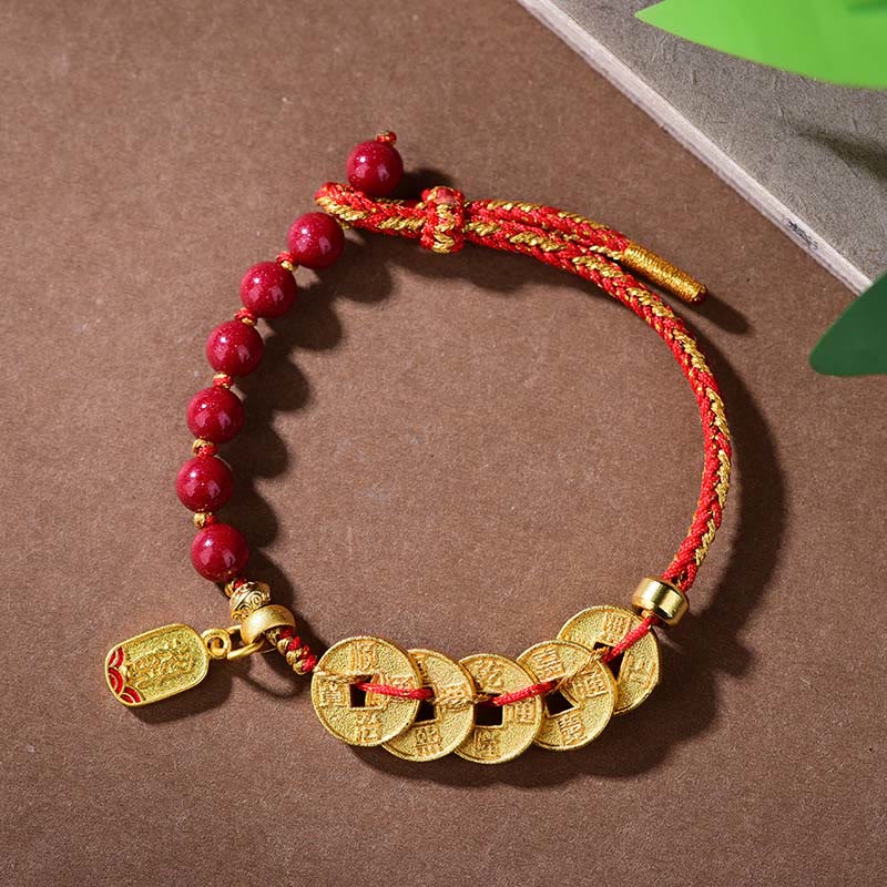 Nimara Ritual Five-Emperor Coins Copper Amethyst Cinnabar Black Red String Balance Attract Fortune Bracelet