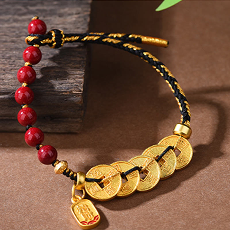 Nimara Ritual Five-Emperor Coins Copper Amethyst Cinnabar Black Red String Balance Attract Fortune Bracelet