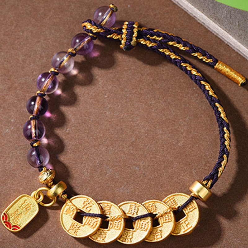 Nimara Ritual Five-Emperor Coins Copper Amethyst Cinnabar Black Red String Balance Attract Fortune Bracelet