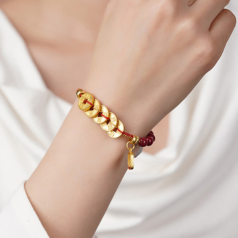 Nimara Ritual Five-Emperor Coins Copper Amethyst Cinnabar Black Red String Balance Attract Fortune Bracelet
