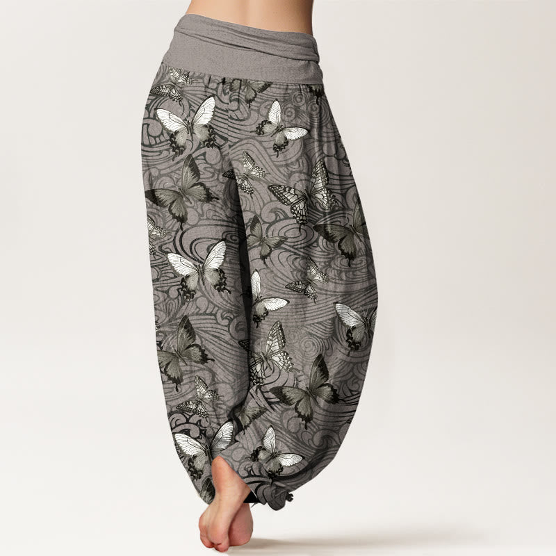 Nimara Ritual Pure Cotton Gray Black Butterfly Striped Women's Elastic Waist Harem Pants