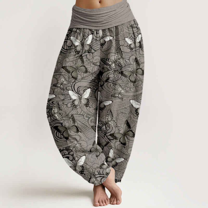 Nimara Ritual Pure Cotton Gray Black Butterfly Striped Women's Elastic Waist Harem Pants
