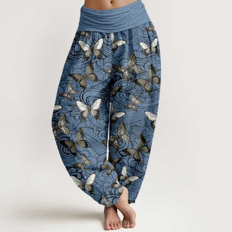 Nimara Ritual Pure Cotton Gray Black Butterfly Striped Women's Elastic Waist Harem Pants