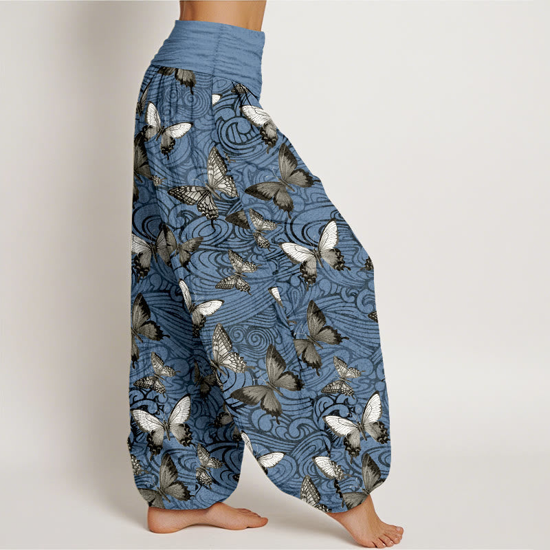 Nimara Ritual Pure Cotton Gray Black Butterfly Striped Women's Elastic Waist Harem Pants