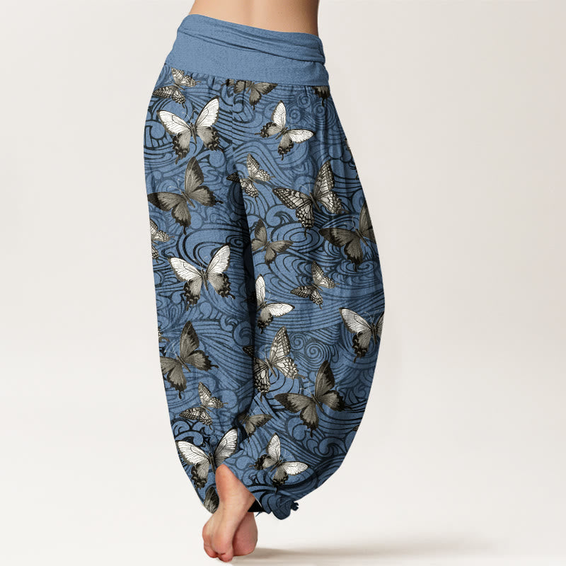 Nimara Ritual Pure Cotton Gray Black Butterfly Striped Women's Elastic Waist Harem Pants