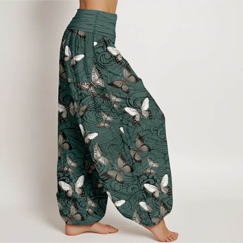 Nimara Ritual Pure Cotton Gray Black Butterfly Striped Women's Elastic Waist Harem Pants