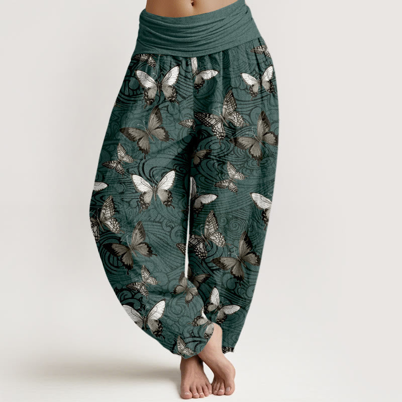 Nimara Ritual Pure Cotton Gray Black Butterfly Striped Women's Elastic Waist Harem Pants