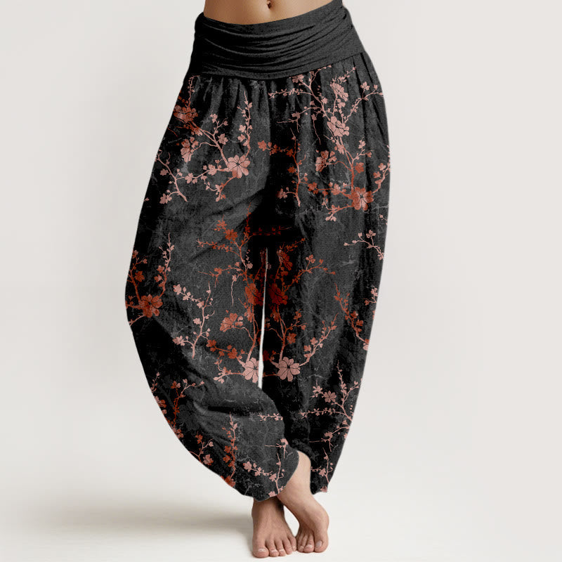 Nimara Ritual Pure Cotton Blooming Flowers Branches Leaves Women's Elastic Waist Harem Pants