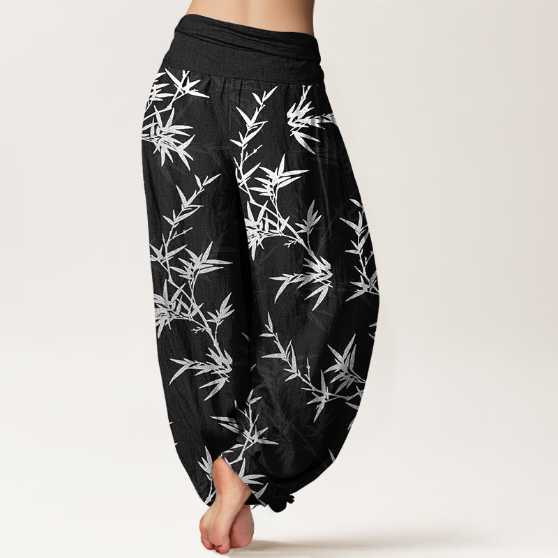 Nimara Ritual Pure Cotton White Bamboo Leaves Women's Elastic Waist Harem Pants