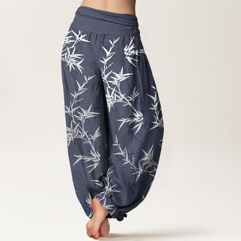 Nimara Ritual Pure Cotton White Bamboo Leaves Women's Elastic Waist Harem Pants