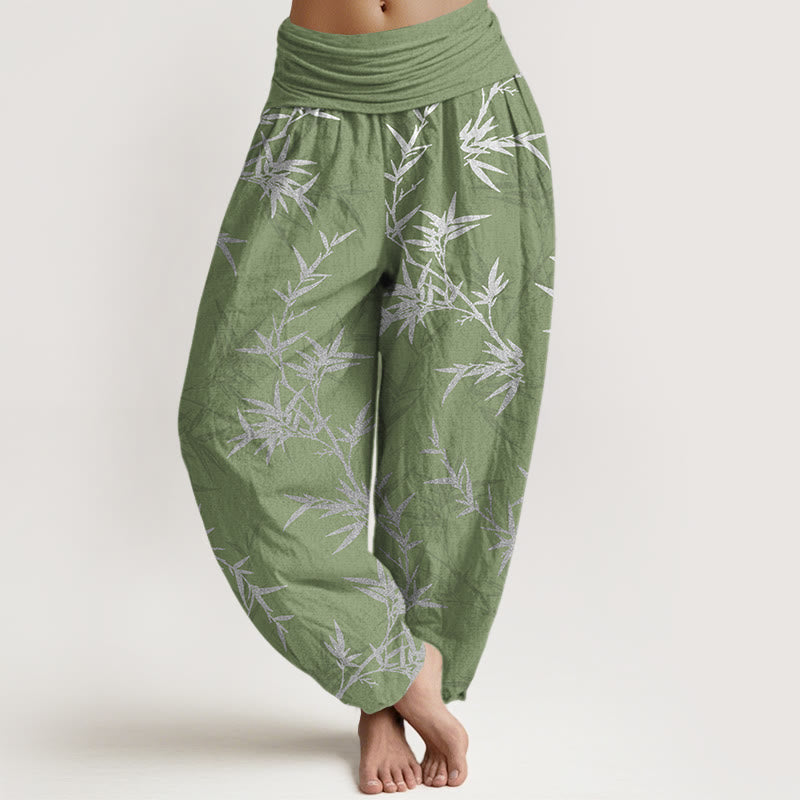 Nimara Ritual Pure Cotton White Bamboo Leaves Women's Elastic Waist Harem Pants