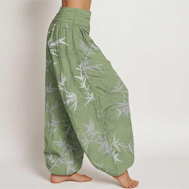 Nimara Ritual Pure Cotton White Bamboo Leaves Women's Elastic Waist Harem Pants
