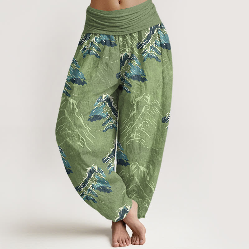 Nimara Ritual Pure Cotton Vivid Emerald-green Mountains Women's Elastic Waist Harem Pants