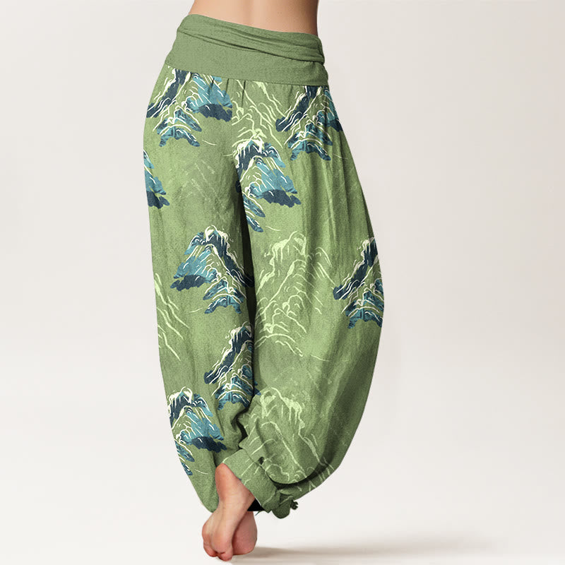 Nimara Ritual Pure Cotton Vivid Emerald-green Mountains Women's Elastic Waist Harem Pants