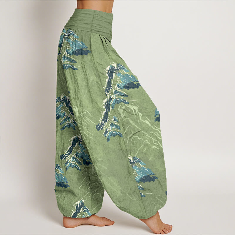 Nimara Ritual Pure Cotton Vivid Emerald-green Mountains Women's Elastic Waist Harem Pants