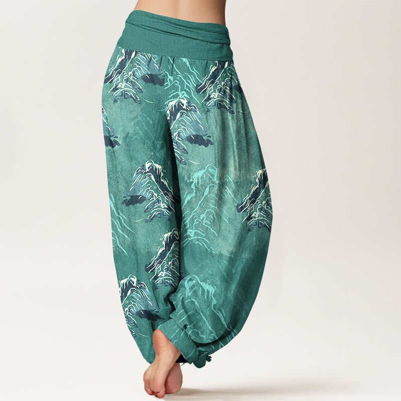 Nimara Ritual Pure Cotton Vivid Emerald-green Mountains Women's Elastic Waist Harem Pants