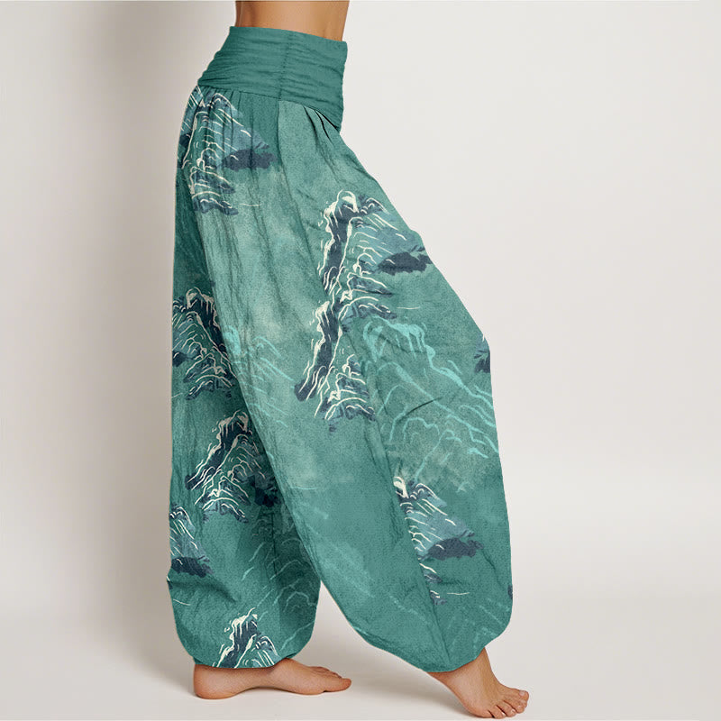 Nimara Ritual Pure Cotton Vivid Emerald-green Mountains Women's Elastic Waist Harem Pants
